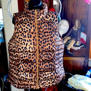 Lands End Women’s Down Puffer Vest Size M 10/12 Brown Leopard Print